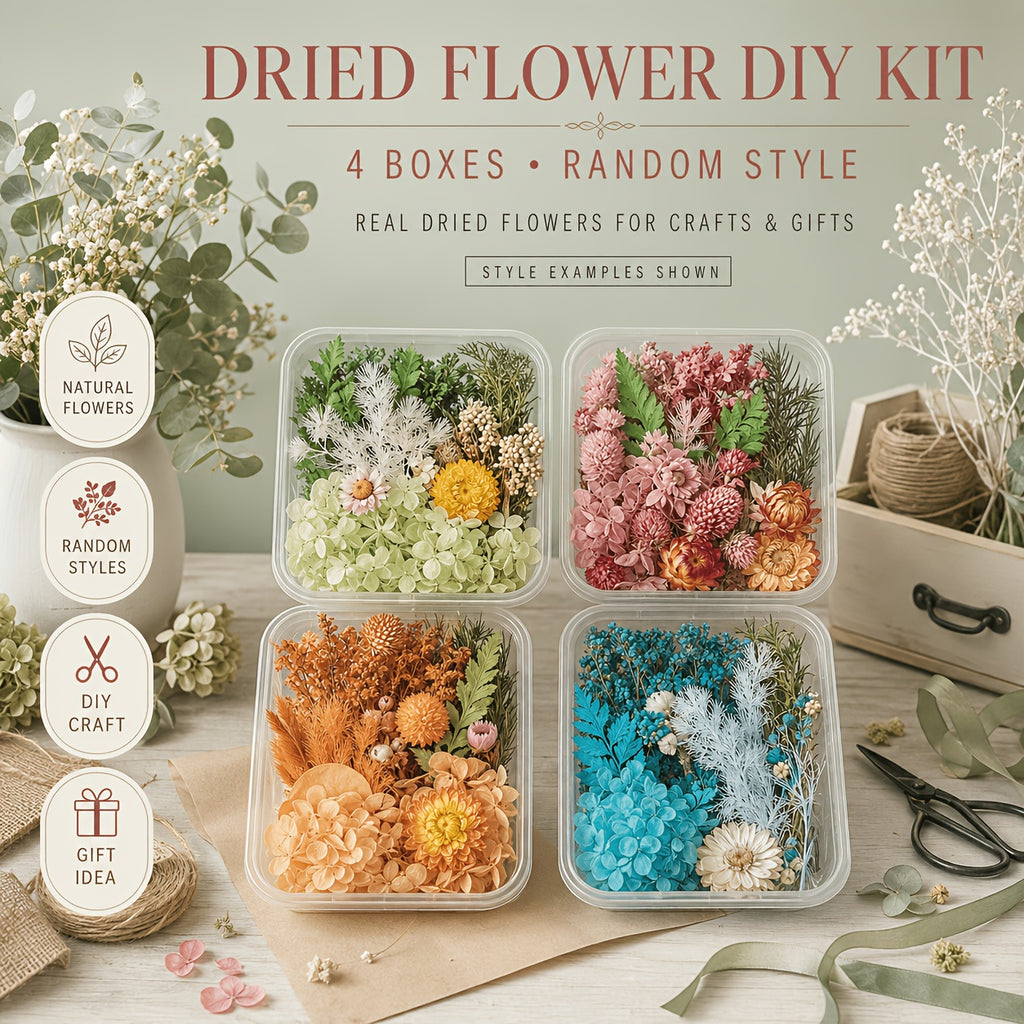 Dried Flower Set Assorted 4 Boxes – Mixed Variety Dried Botanicals for Home Decor, Gift Wrapping, Scrapbooking & Floral Arrangement Decoration Supplies