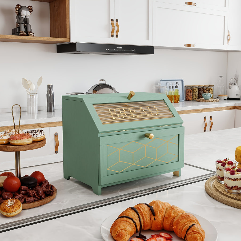 Wooden Bread Box Large Double Layer Flip Top with Golden Trim - Countertop Bread Storage Container for Kitchen Organization, Keeps Bread Fresh, 4 Colors, Great Housewarming Gift