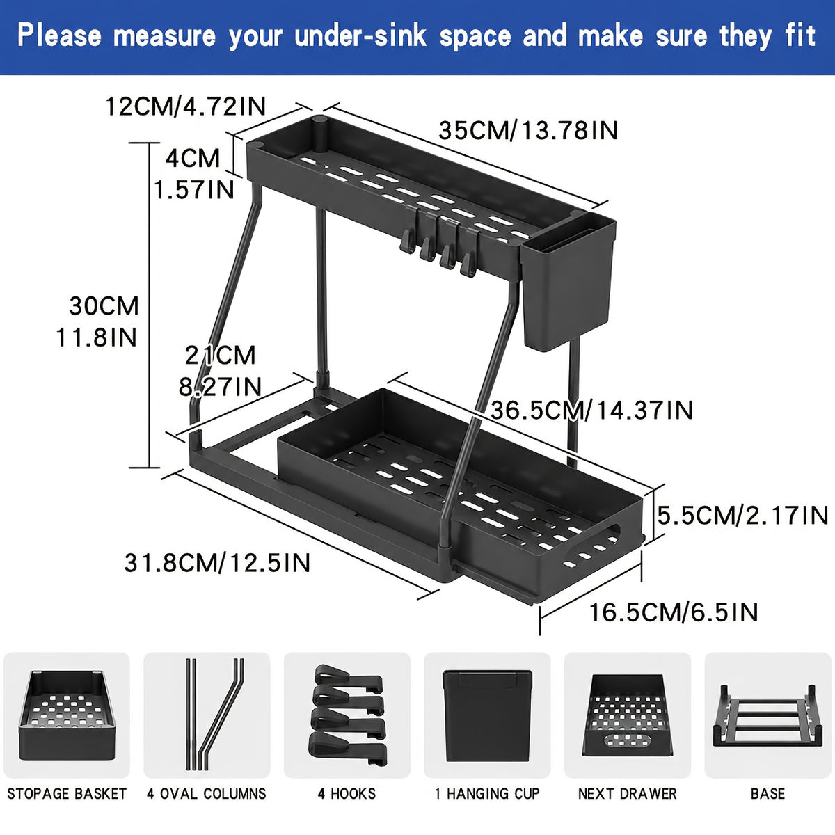 Under Sink Organizer with Sliding Shelves 2 Pack Multi-Purpose Plastic Cabinet Storage Basket for Bathroom Kitchen Black White Durable Construction