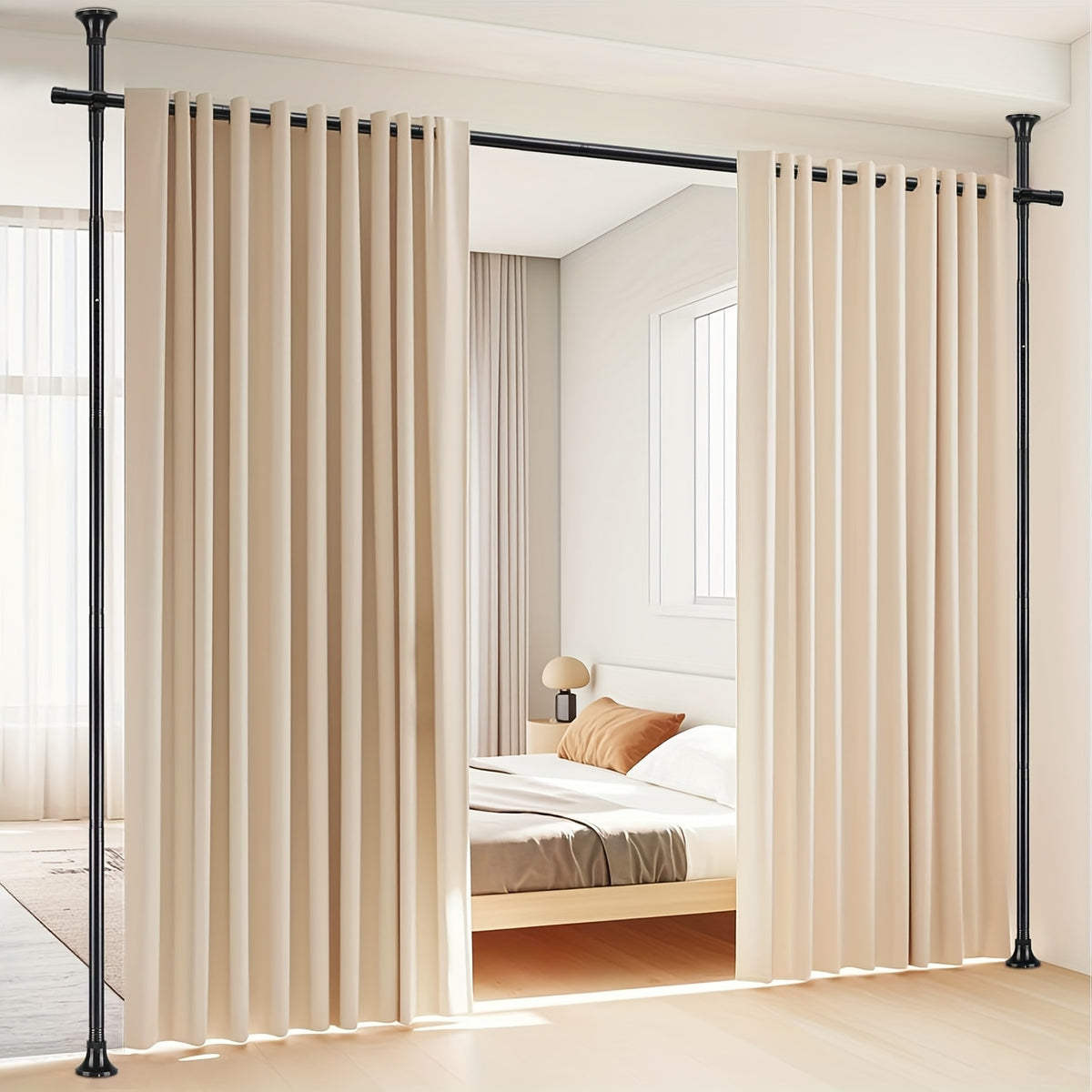 Floor to Ceiling Room Divider Rod No Drill Tension – Adjustable 4-10ft Tall 28-114" Wide Heavy Duty Curtain Partition Stand for Bedroom Studio Apartment, Matte Black White