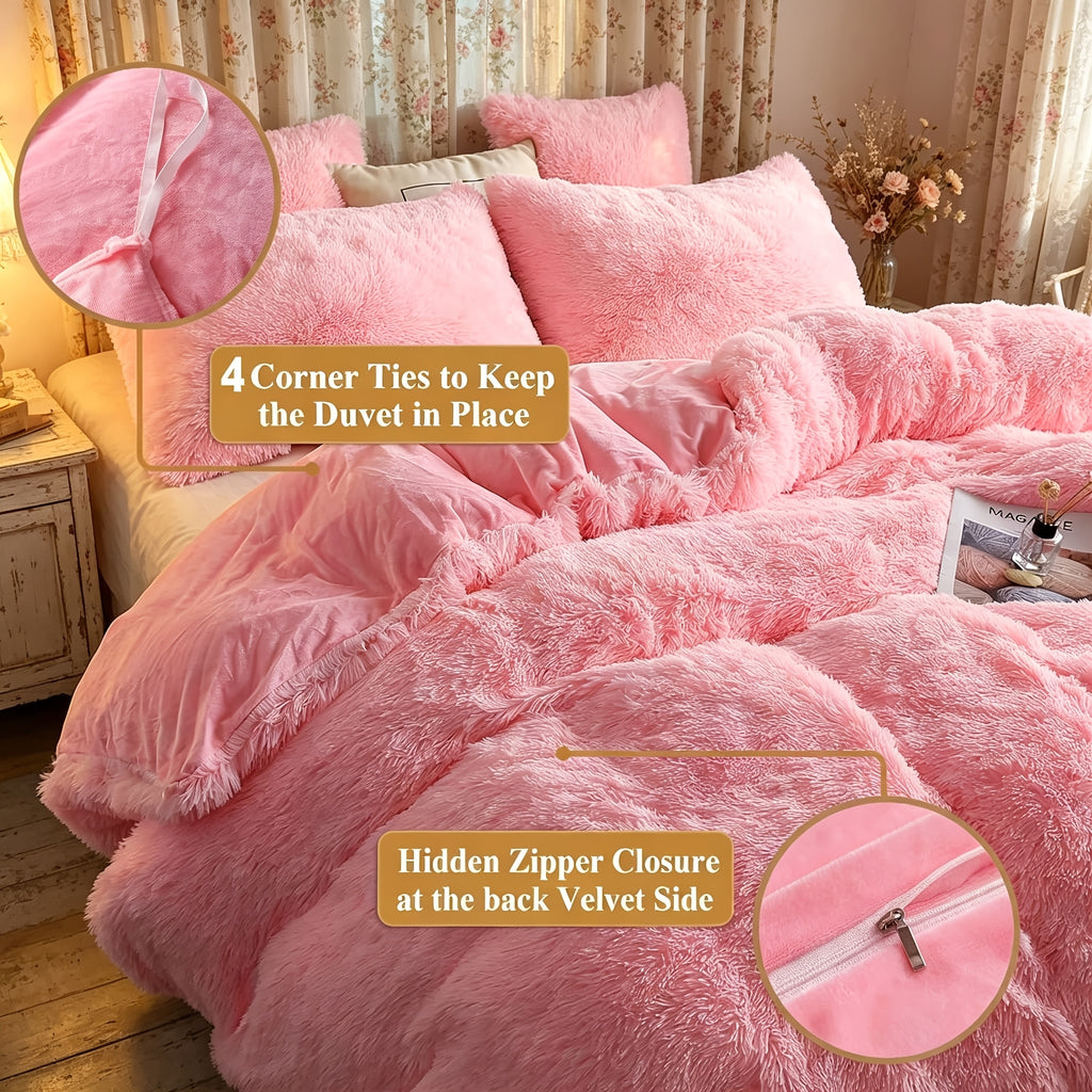 Velvet Duvet Cover Set Queen King Twin - Faux Down Flannel Bedding with Pillowcases & Bonus Heart Pillow, Zipper Closure Plush Thermal All-Season, 8 Colors 3/4-Piece