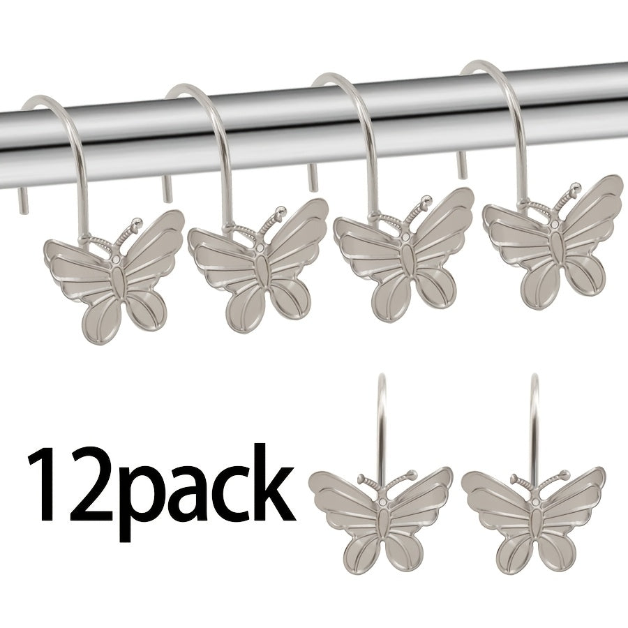 Butterfly Shower Curtain Hooks 12 Pack Decorative Metal Rings – Smooth Glide, Elegant Animal Design, Silvery, Golden & Black – Spring Bathroom Decor Curtain Rings