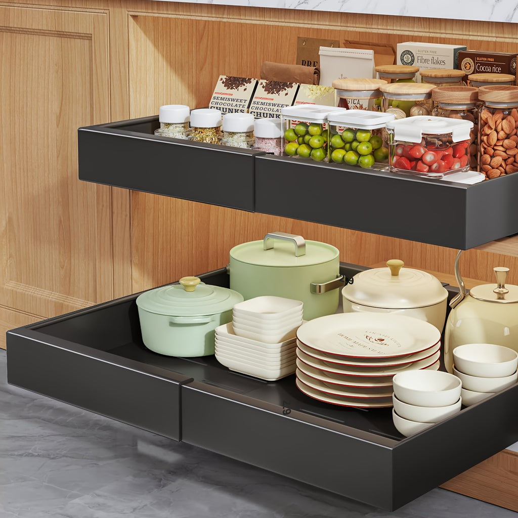 Slide-Out Cabinet Organizer Drawer – Heavy Duty 2 or 4 Drawer, 17" Deep Expandable 12.6"-20.6" Wide, Ultra-Quiet Rails, Anti-Rust Carbon Steel, Adhesive or Drill Mount for Kitchen, Bathroom & Garage