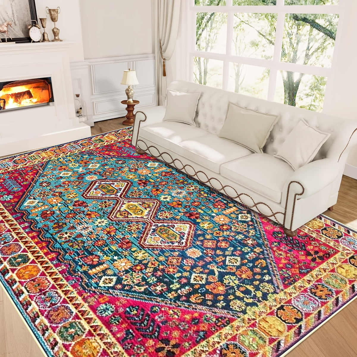 Bohemian Vintage Floral Area Rug – Ethnic Boho Floral Pattern Large Decor Mat for Living Room, Bedroom, Coffee Table & Tea Room, Exotic Vintage Home Decor, 6 Sizes
