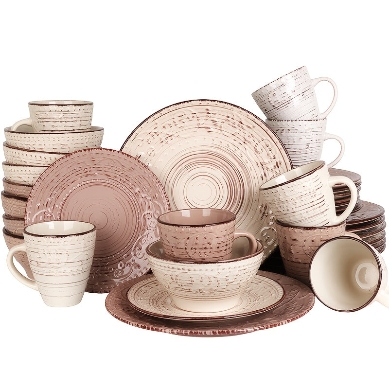 32 Piece White Porcelain Dinnerware Set Embossed Flower Microwave Dishwasher Oven Safe Plates Bowls Service for 8 Wedding Anniversary Gift