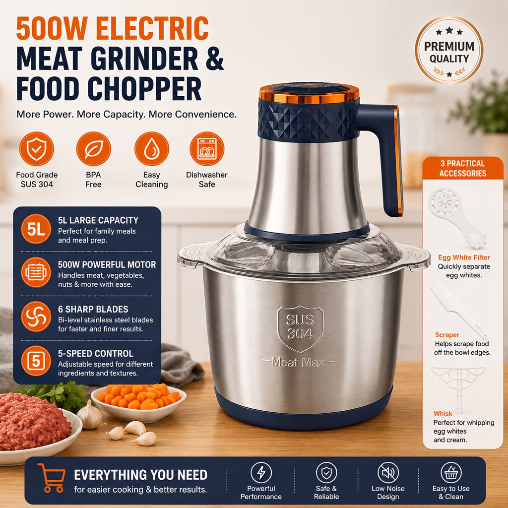 Food Processor 5L 500W Electric Meat Grinder & Vegetable Chopper - 6 Blades, 5 Speed Settings, Stainless Steel Bowl, 3 Attachments for Mincing Meat, Garlic, Baby Food Prep - Home Kitchen MG-1001