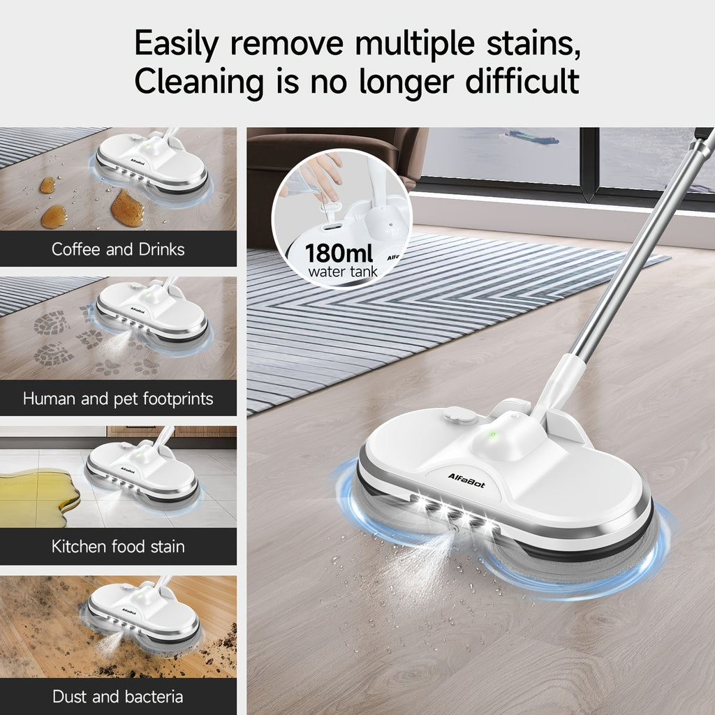 Cordless Electric Spin Mop with LED Headlight & Water Sprayer - Dual Motor 150RPM, 180ml Tank, Rechargeable Floor Scrubber for Hardwood, Tile & Marble | Lightweight for Elderly