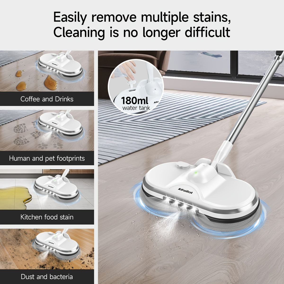 Cordless Electric Spin Mop with LED Headlight & Water Sprayer - Dual Motor 150RPM, 180ml Tank, Rechargeable Floor Scrubber for Hardwood, Tile & Marble | Lightweight for Elderly