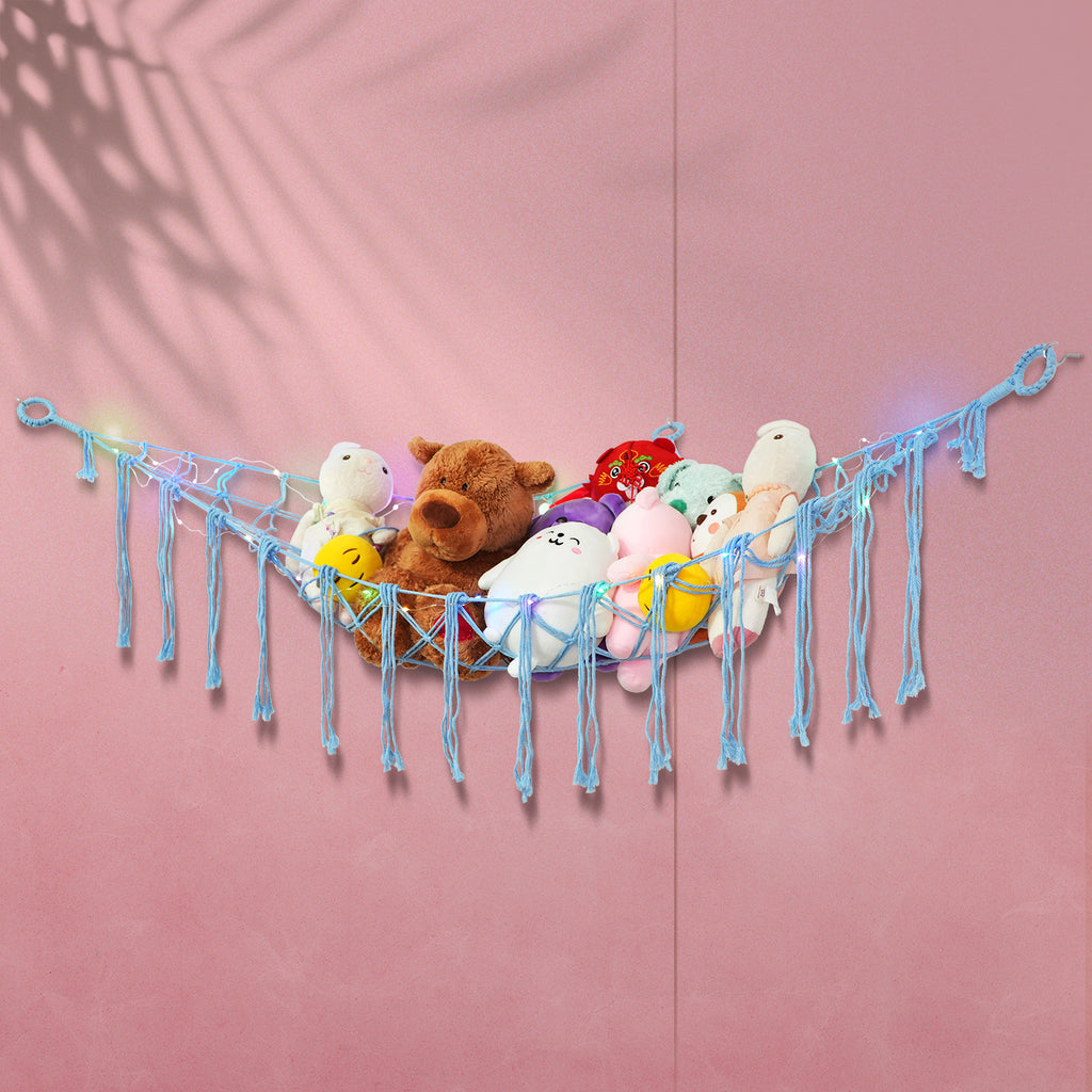 Stuffed Animal Storage Hammock with Star Lights – Corner Mesh Toy Organizer with Hooks for Kids Room, Bedroom & Nursery | White, Black & Pink