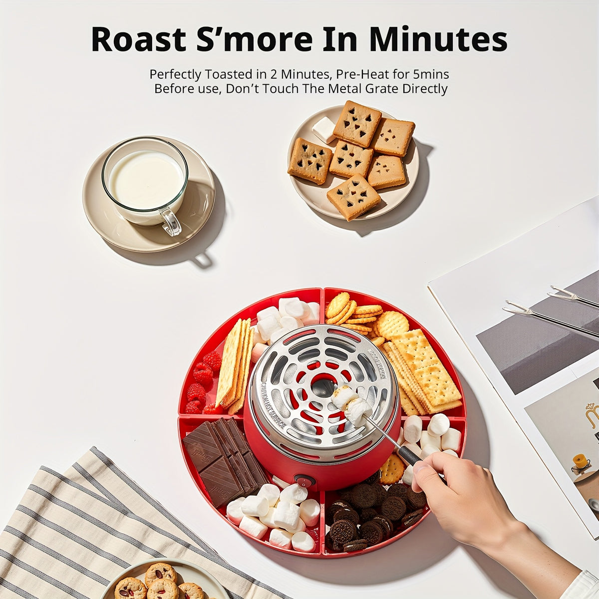 Tabletop S'mores Maker Flameless Electric Marshmallow Roaster with 4 Detachable Trays & 6 Roasting Forks – Indoor Date Night, Family & Game Night Fun