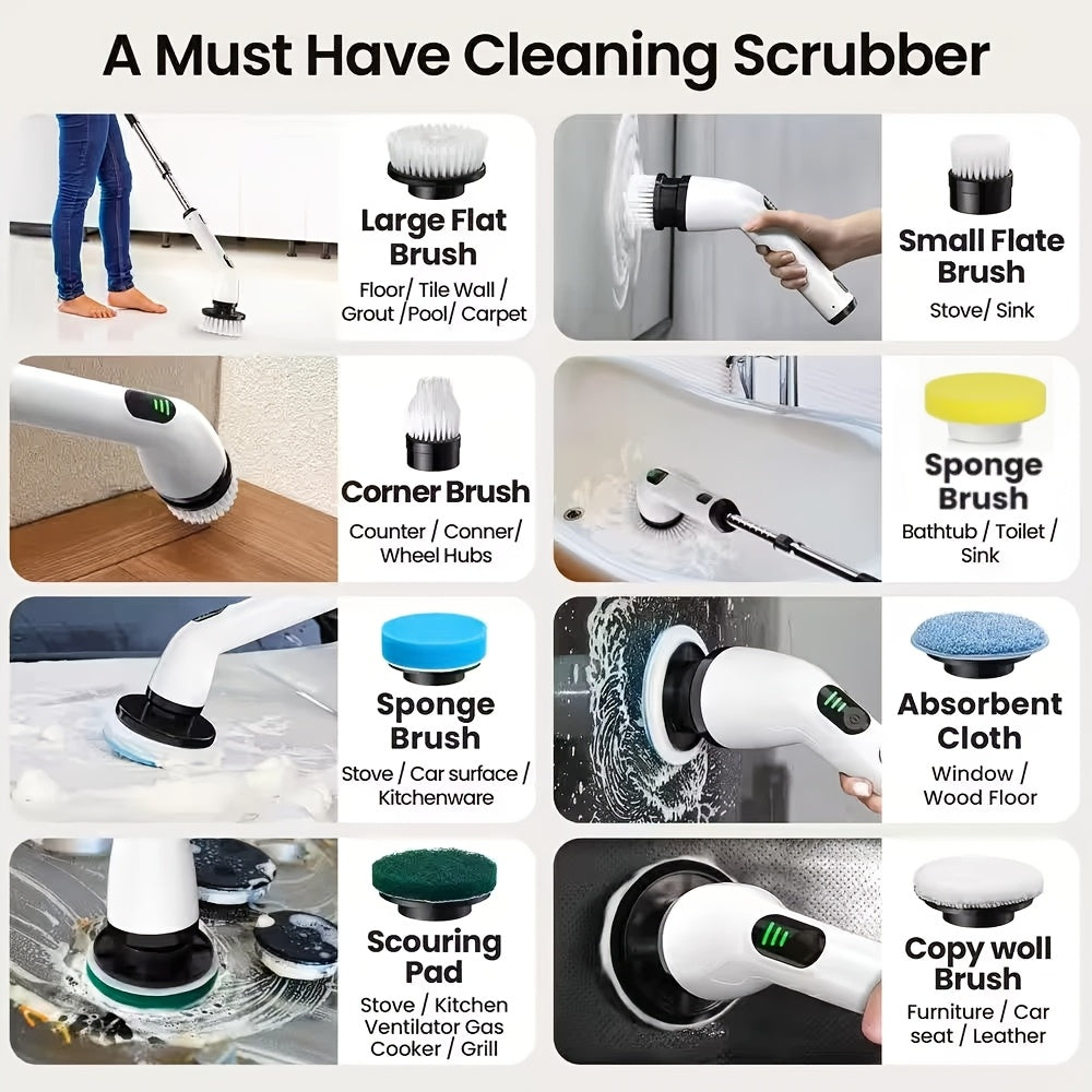 9-in-1 USB Rechargeable Electric Rotating Cleaning Brush – 8 Brush Heads + Gap Brush, 2-Hour Runtime, Telescopic Handle for Bathtub, Tile, Floor & Car