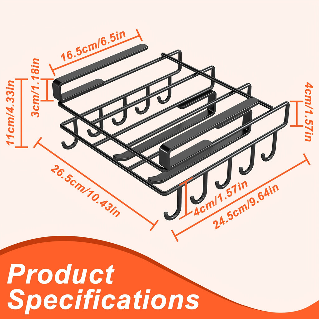Under Cabinet Organizer Rack with Double Row Hooks Heavy Duty Carbon Steel Kitchen Shelf for Utensils Towels Cups Cutting Boards – No-Drill Easy Install