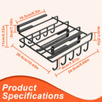Under Cabinet Organizer Rack with Double Row Hooks Heavy Duty Carbon Steel Kitchen Shelf for Utensils Towels Cups Cutting Boards – No-Drill Easy Install