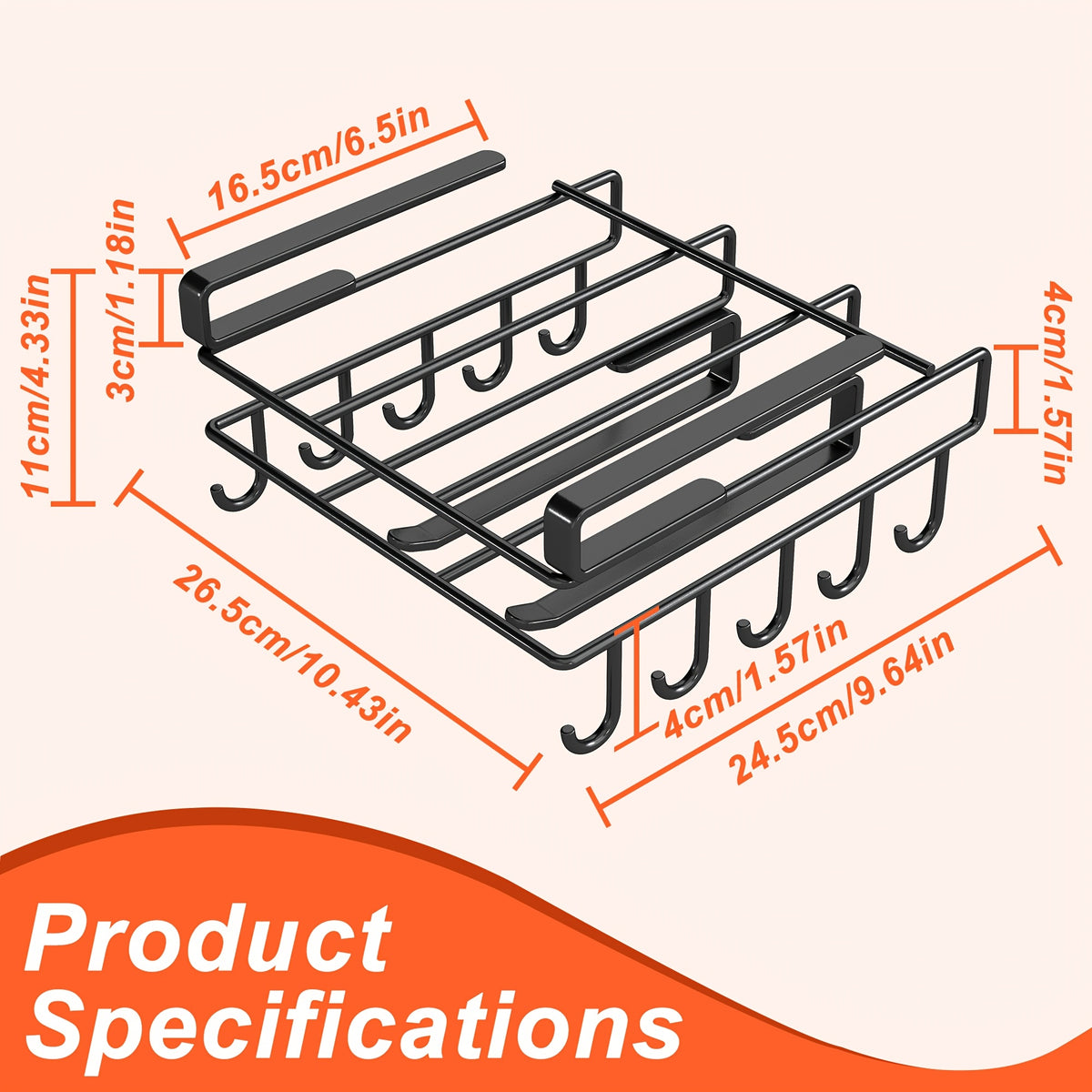 Under Cabinet Organizer Rack with Double Row Hooks Heavy Duty Carbon Steel Kitchen Shelf for Utensils Towels Cups Cutting Boards – No-Drill Easy Install