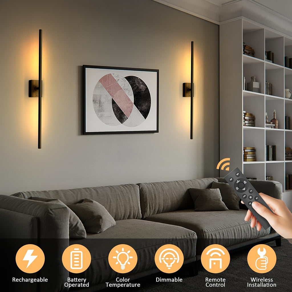 Wireless LED Wall Lights with Remote Control, 2 Pack Dimmable 3000K–6000K Battery Powered, No Wiring Needed, Contemporary Picture Lighting for Bedroom Hallway Living Room – Black & Gold Options