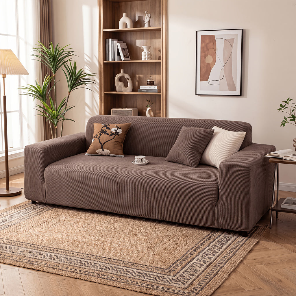 Chenille Sofa Cover Textured Stripe Elastic Full Cover Non-Slip Washable Scratch-Resistant Couch Slipcover for 1 2 3 4 Seater Living Room Office Green Gray Coffee Beige