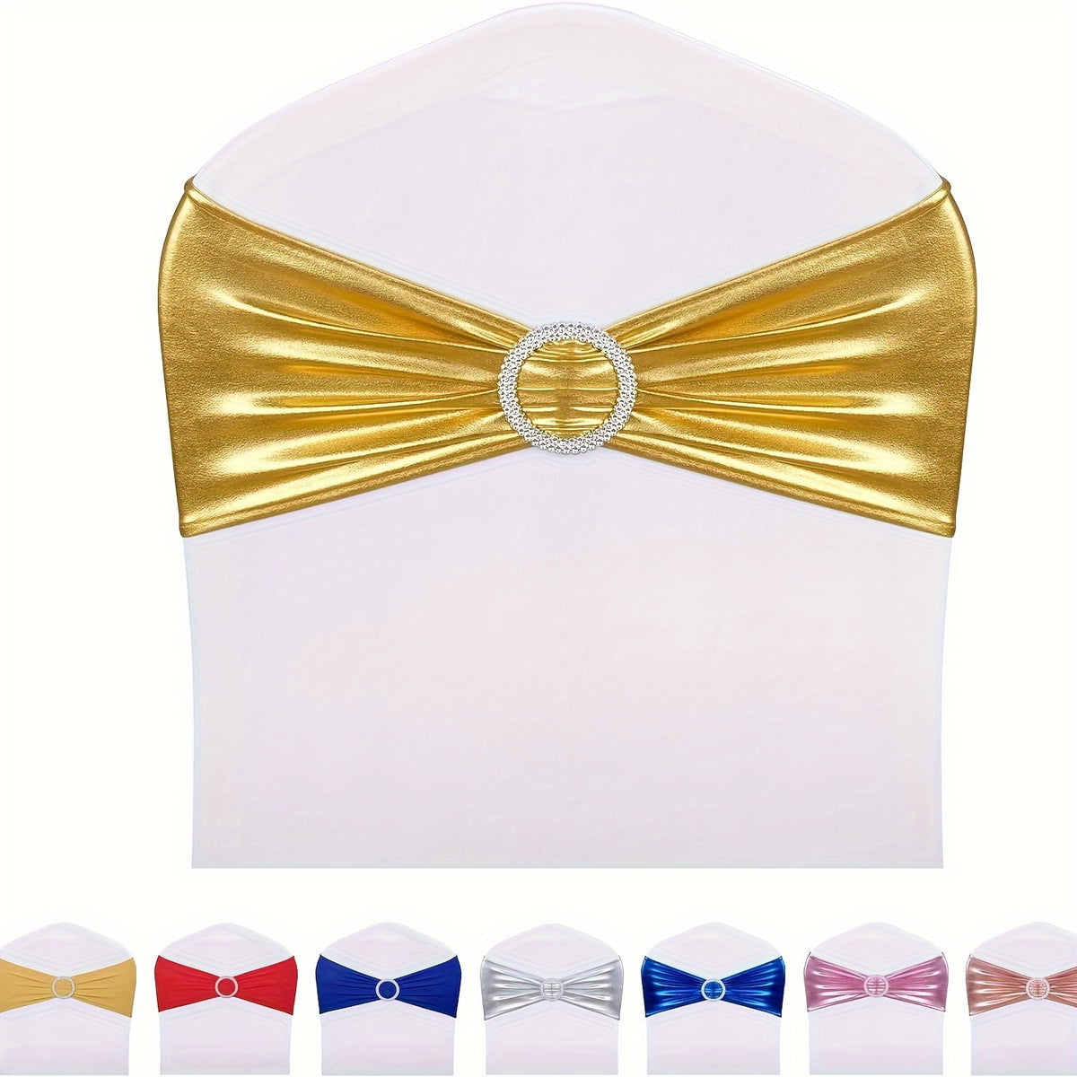 Spandex Chair Sash Bows 100-Pack Metallic Gold Silver Rose Gold Wedding Chair Belts Decorative Bow Ties for Banquet Event Party Chairs – Elastic Chair Bands for Wedding Reception Decoration