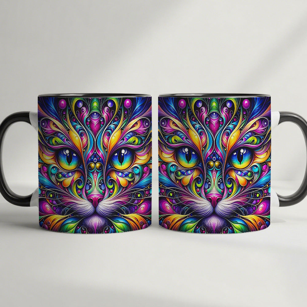 Psychedelic Cat Coffee Mug 11oz - Colorful Cute Cat Design Cup for Cat Lovers, Home & Office Use, Birthday & Holiday Gift