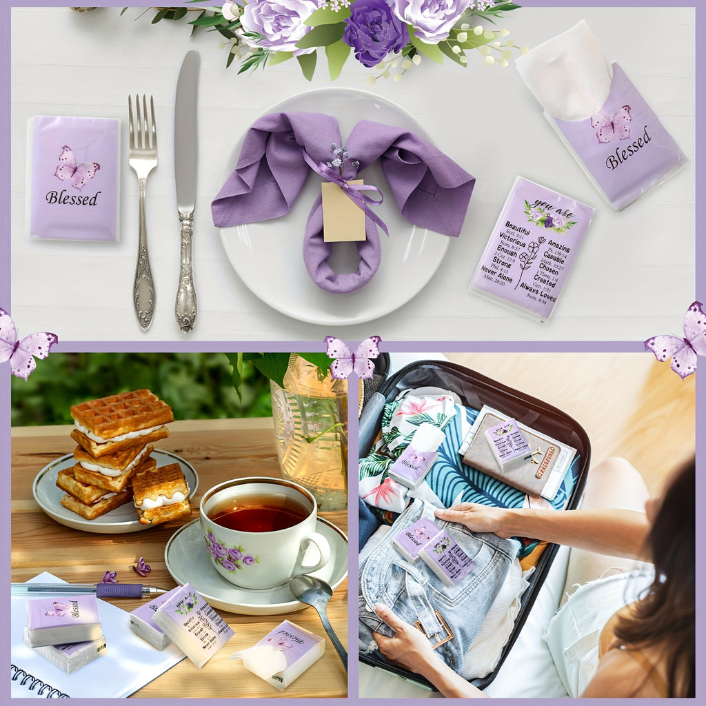 Blessed Pocket Tissues 100 Pack – 3-Ply Individually Wrapped Travel Tissues, Purple Butterfly Lavender Design for Weddings, Graduation & Events