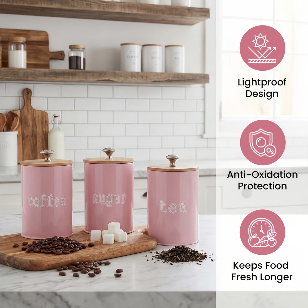 Airtight Coffee Canisters Set of 3 with CO2 Valve - Stainless Steel Coffee Container with Bamboo Lid, Espresso Bean & Ground Coffee Storage, Kitchen Barista Organizer Canisters