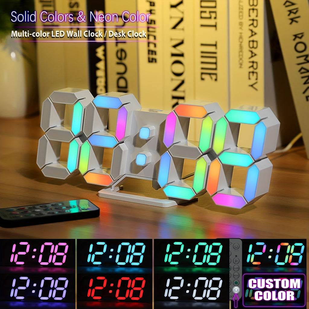 RGB Neon LED Digital Wall Clock 9.7" Large Display with Remote Control – 3D Aesthetic Alarm Clock, Adjustable Brightness, Date & Temperature Display for Bedroom, Living Room, Office, Gym