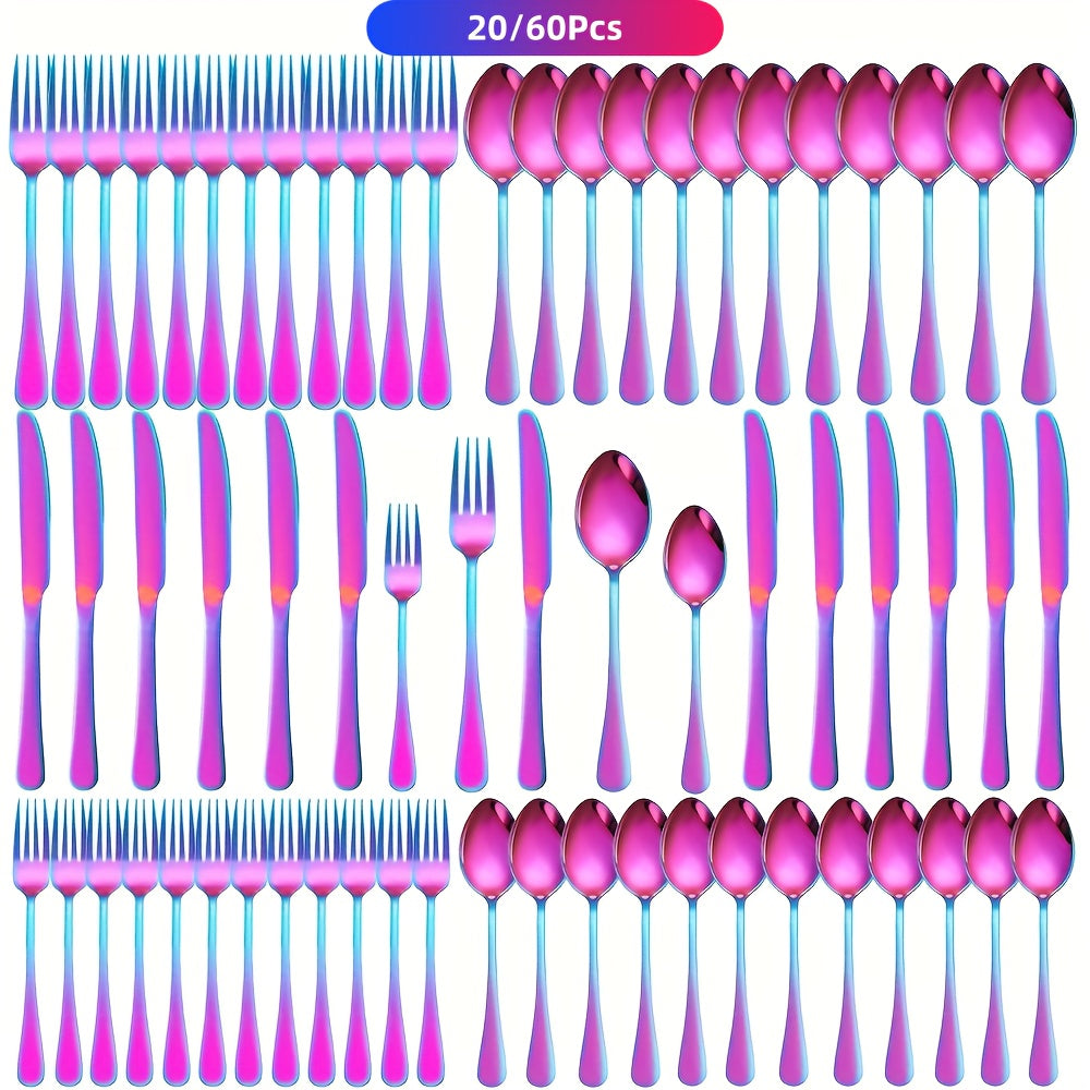 60-Piece Rainbow Titanium Flatware Set for 12 – Mirror Polished 304 Stainless Steel Cutlery with Knives, Forks & Spoons – Dishwasher Safe, Vibrant Colors – Gift for Thanksgiving & Christmas