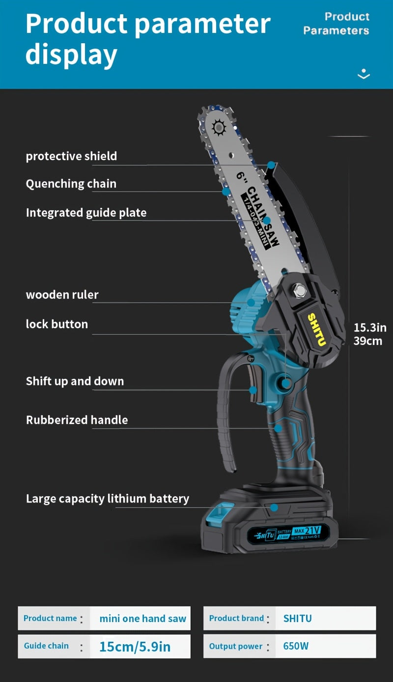 Mini Cordless Chainsaw Handheld Electric Pruning Saw with Splash Guard Security Lock Rechargeable Battery for Tree Branch Garden Yard Trimming Gift for Men
