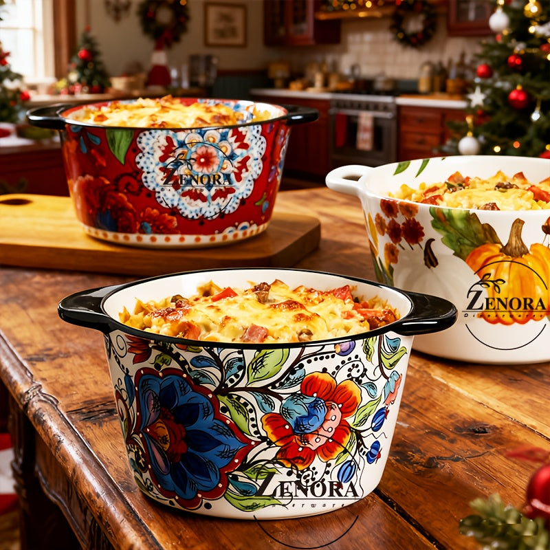 Giant Bohemian Hand-Painted Ceramic Bowl with Handles 101oz – Extra Large Microwave Oven Dishwasher Safe Serving Bowl for Soup, Salad & Family Dining – 2 or 4 Piece Set