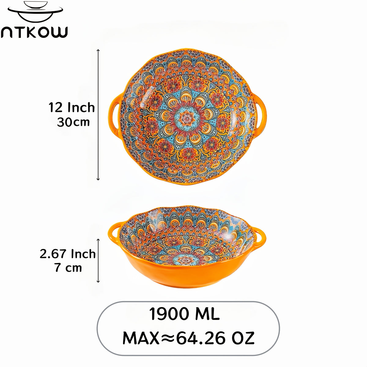 Bohemian Ceramic Salad Bowl 12 Inch with Dual Handles Large Capacity Microwave Safe Dishwasher Safe Oven Proof Porcelain Serving Bowl