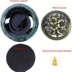 Ceramic Incense Holder Set 4pcs Large Kiln-Fired with Vintage Brass Lid & Fireproof Mat – Stick, Cone & Coil Incense Burner for Home Meditation, Zen Decor & Aromatherapy