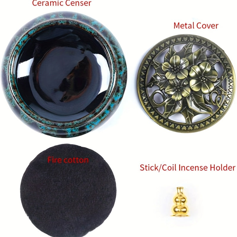 Ceramic Incense Holder Set 4pcs Large Kiln-Fired with Vintage Brass Lid & Fireproof Mat – Stick, Cone & Coil Incense Burner for Home Meditation, Zen Decor & Aromatherapy