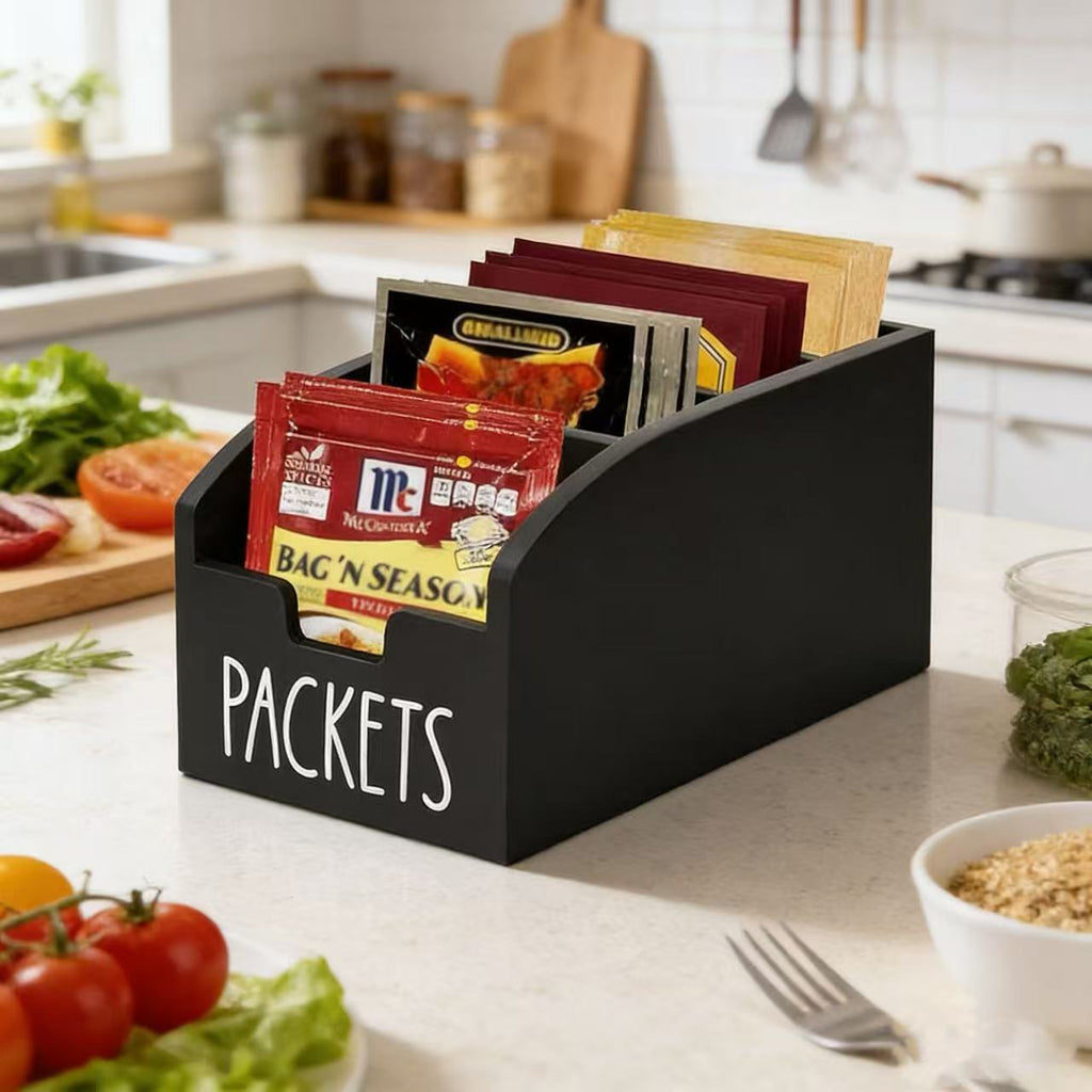 Farmhouse Snack Organizer Basket with Compartments & Clear Viewing Window, Open-Top Countertop Storage Bin for Kitchen Pantry Spices Utensils, Rustic Vintage Shelf Basket for Home Office – Black