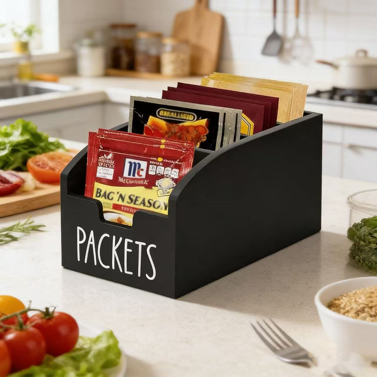 Farmhouse Snack Organizer Basket with Compartments & Clear Viewing Window, Open-Top Countertop Storage Bin for Kitchen Pantry Spices Utensils, Rustic Vintage Shelf Basket for Home Office – Black