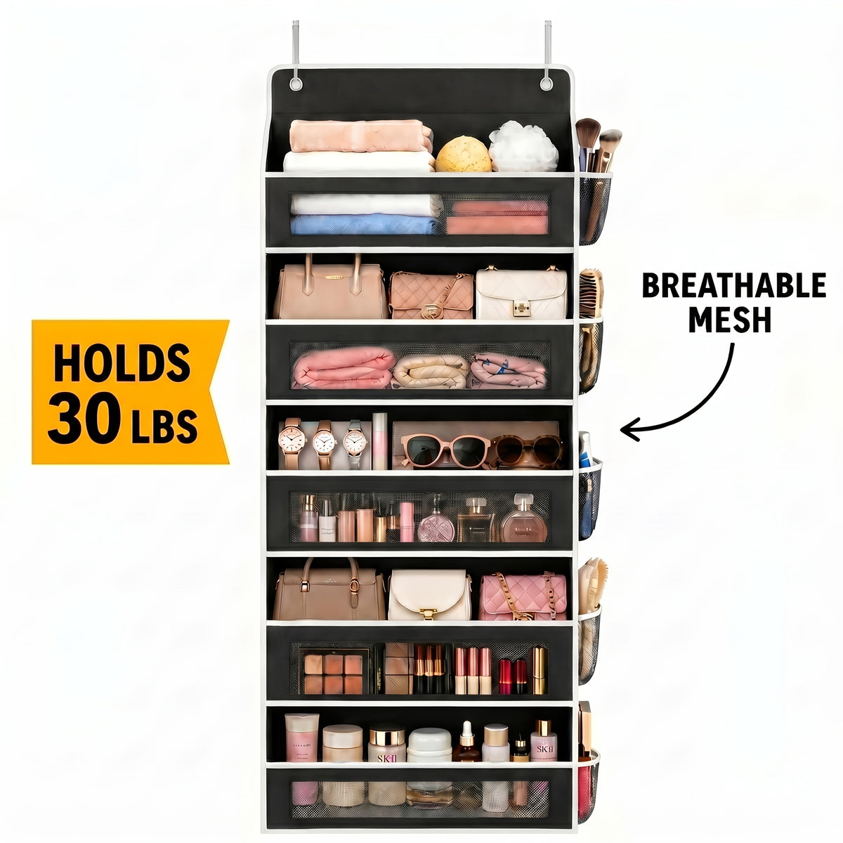 5-Shelf Over Door Hanging Organizer Non-Woven – No Drill Wall & Door Mount Storage Bag with Shelf Baskets for Bedroom, Bathroom & Closet