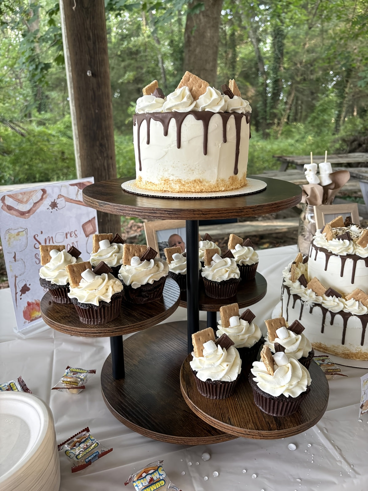 4 Tier Wood Cupcake Stand 360 Rotating Dessert Tower for 50 Cupcakes Farmhouse Tiered Cake Stand for Wedding Birthday Baby Shower Tea Party