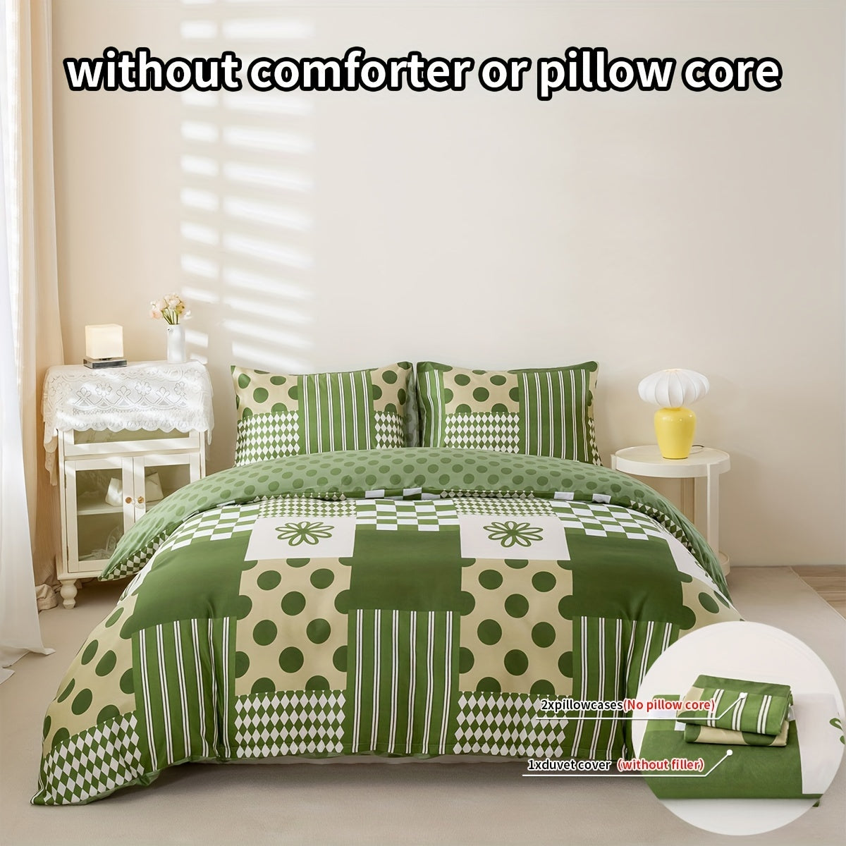 Green Geometric Duvet Cover Set 3 Piece Soft Microfiber with 2 Pillowcases Multiple Sizes Bedroom Decor Comforter Not Included