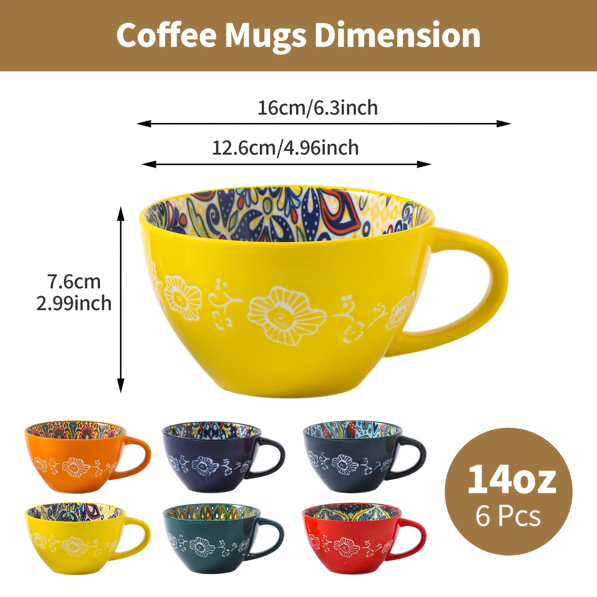 Bohemian Ceramic Breakfast Mugs Set of 6 – 15oz Large Coffee Mugs Microwave Safe for Hot & Cold Drinks – Holiday Gift for Halloween Thanksgiving Christmas