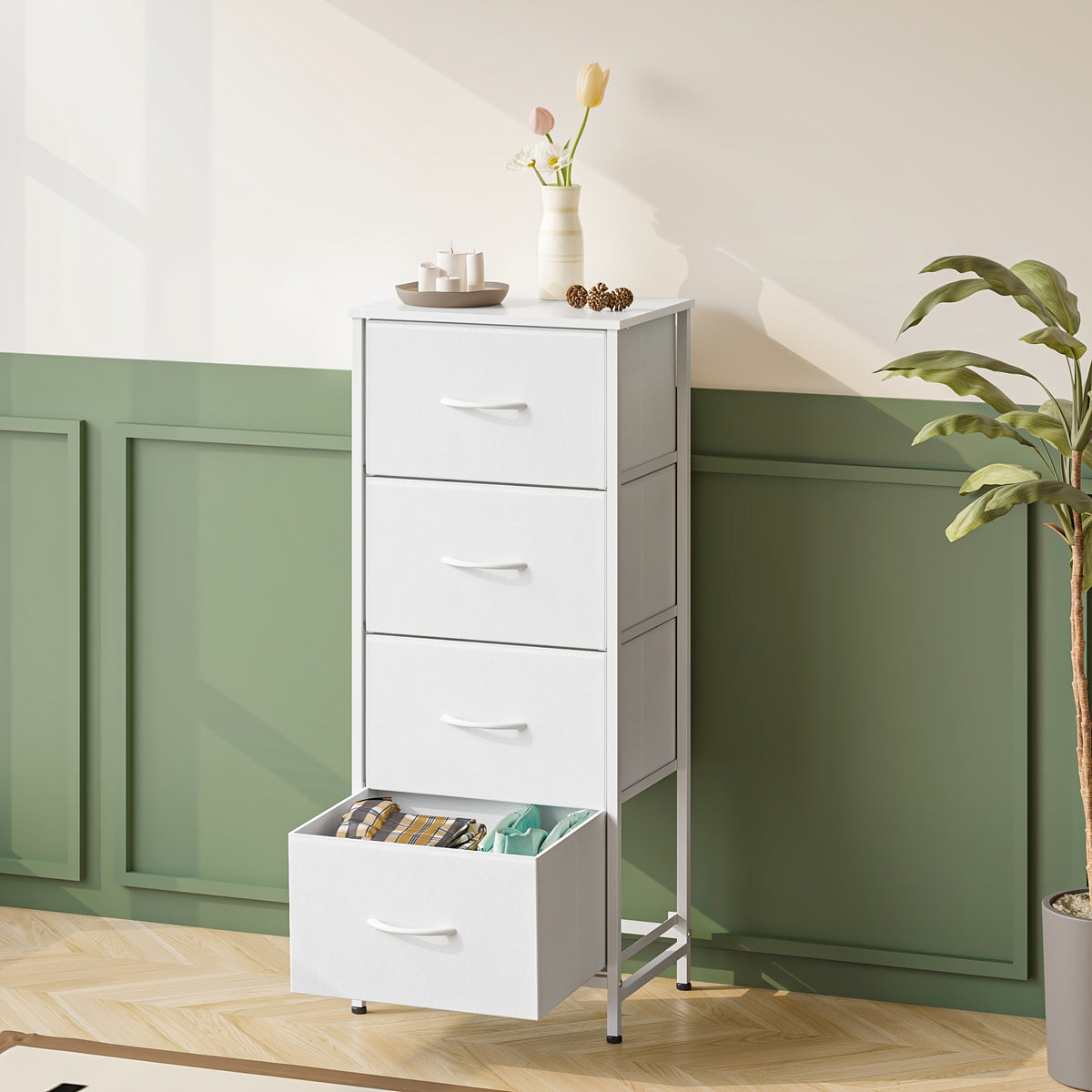 Fabric Storage Chest of 8 Drawers – 4 Independent Sections, Sturdy Metal Frame & Wood Tabletop, Bedroom Dresser for Closet, Living Room & Entryway | White & Brown