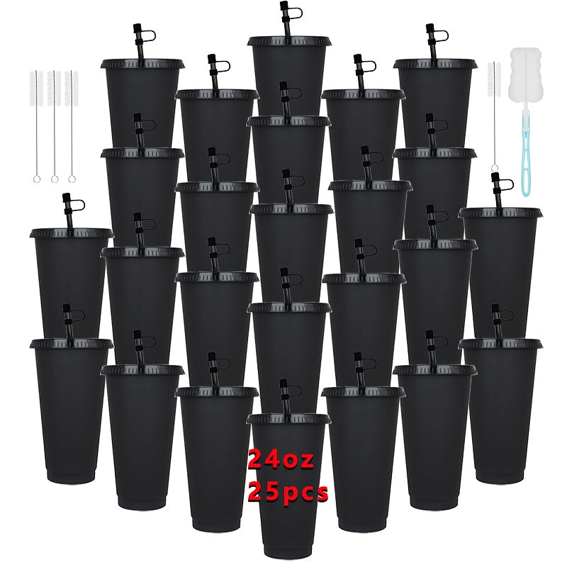 25-Pack Reusable Party Cups 24oz with Lids, Straws & Dust Plugs – Large Plastic Tumblers for Iced Coffee Smoothies Cold Drinks, Includes Cleaning Brush, Multiple Colors