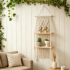Boho Woven Wall-Mounted Floating Shelf Rack – Handcrafted Macrame Wood Storage Shelf for Bedroom, Bathroom & Bohemian Wall Decor