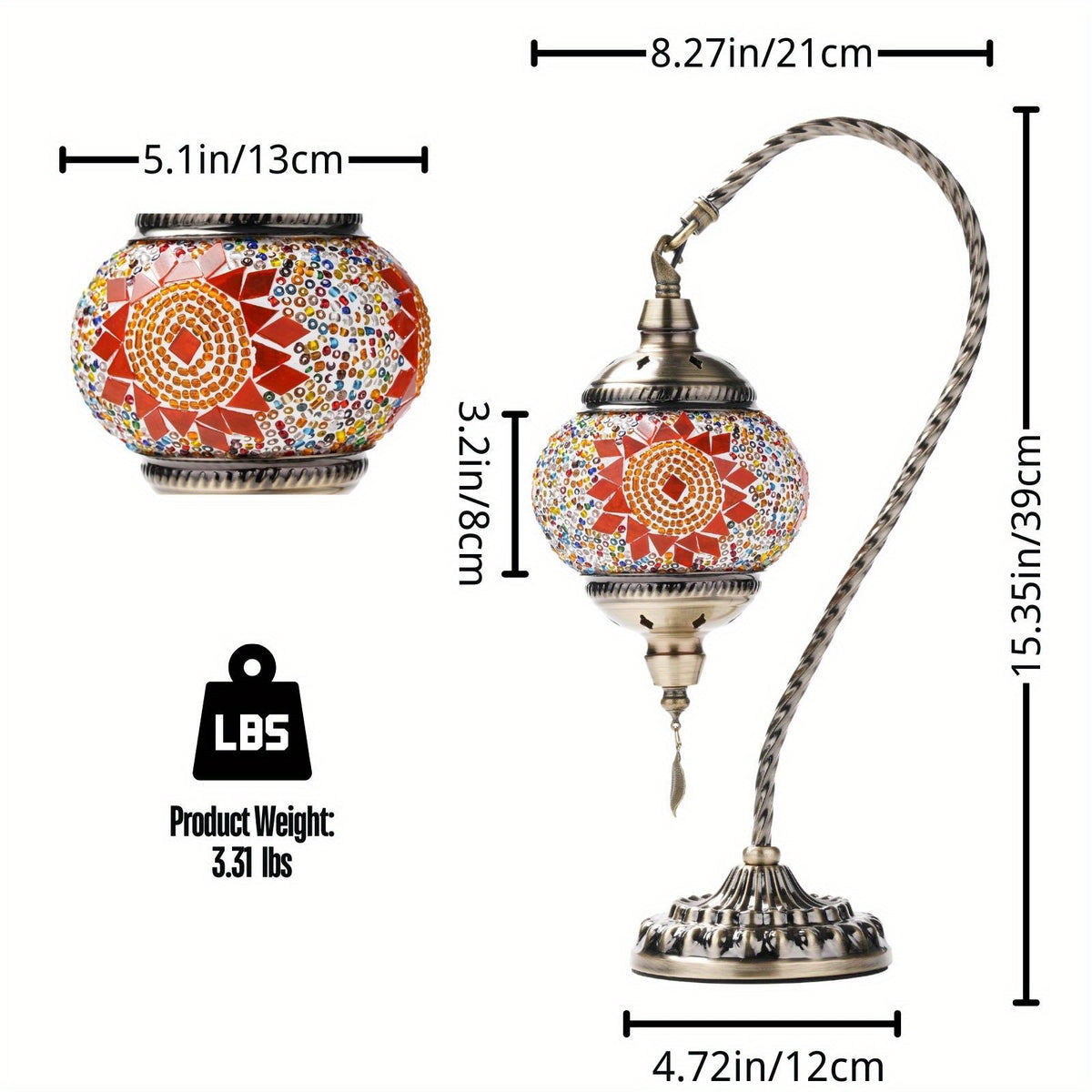 Turkish Mosaic Table Lamp Moroccan Style Handmade Swan Neck Mosaic Glass Bedside Lamp with Metal Base - 3 Color Modes Dimmable LED Bulb Included - Bedroom Living Room Decor Gift