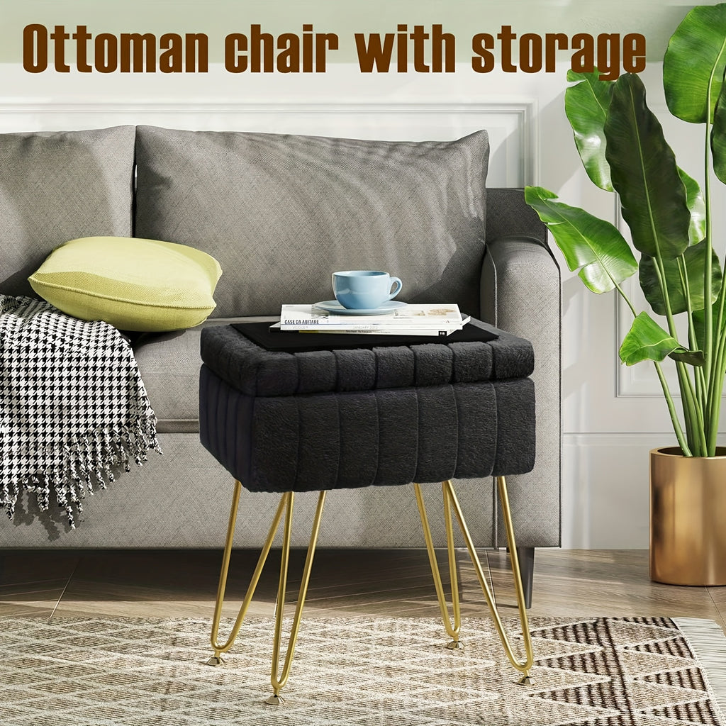 Vanity Chair with Storage PU Leather Makeup Stool Shoe Changing Ottoman Dual Purpose Seat 4 Gold Metal Legs Bedroom Living Room Study Cream White Black Pink Purple