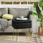 Vanity Chair with Storage PU Leather Makeup Stool Shoe Changing Ottoman Dual Purpose Seat 4 Gold Metal Legs Bedroom Living Room Study Cream White Black Pink Purple