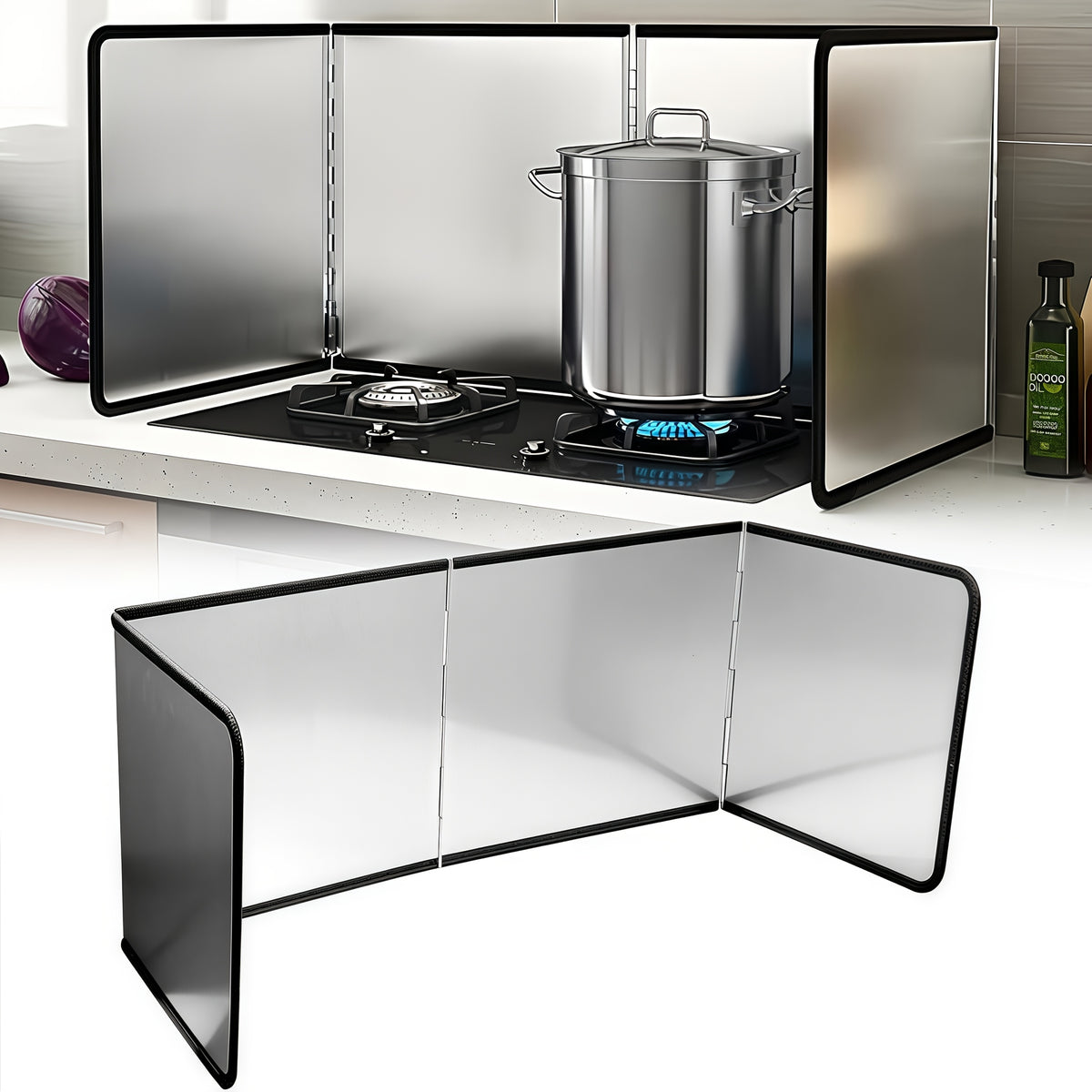 Stainless Steel Splatter Guard 4-Panel Foldable 31.5" - Extra-Wide Grease Splash Shield, Heat Resistant Nonstick Coating, Kitchen Backsplash Protector for Gas Range & Frying Pan | Nuvia Haven