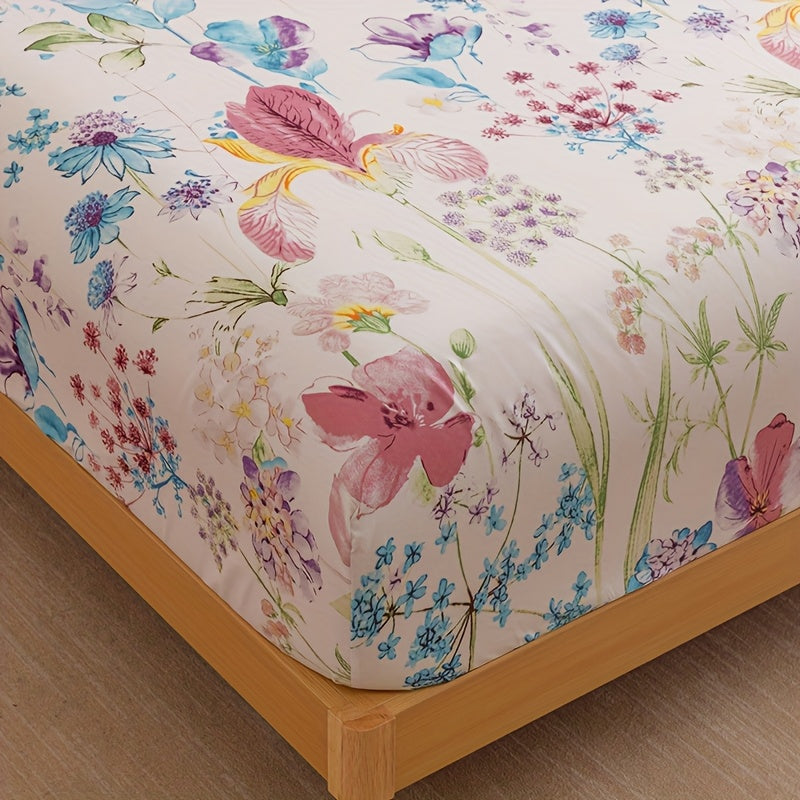 Floral Sheet Set 4 Piece – Fresh Natural Flower Plant Print Fitted Sheet Flat Sheet 2 Pillowcases, Soft Breathable All-Season Bedding for Bedroom & Dorm