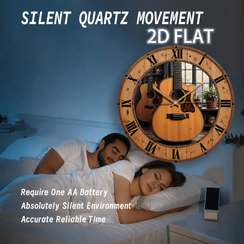 Music Themed Silent Wall Clock 12 Inch – Acoustic Guitar & Roman Numerals Dark Brown Wood Face | Battery-Powered Quartz Non-Ticking Clock for Living Room, Home Studio & Office | Unique Gift for Musicians