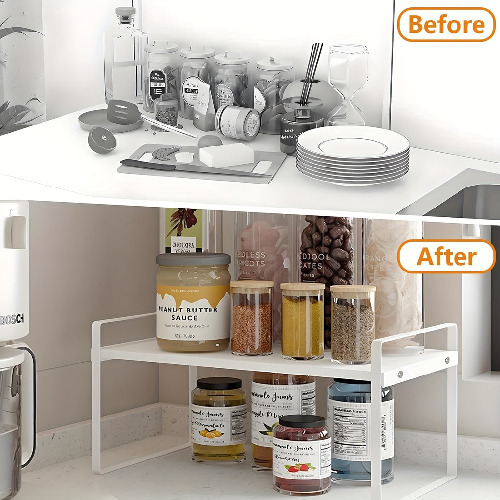 Expandable Cabinet Shelf Organizer Riser – Adjustable Height Kitchen Storage Rack for Pantry, Cupboard, Under Sink & Countertop | Heavy Duty Metal | Space Saver Stackable Shelf | Black & White