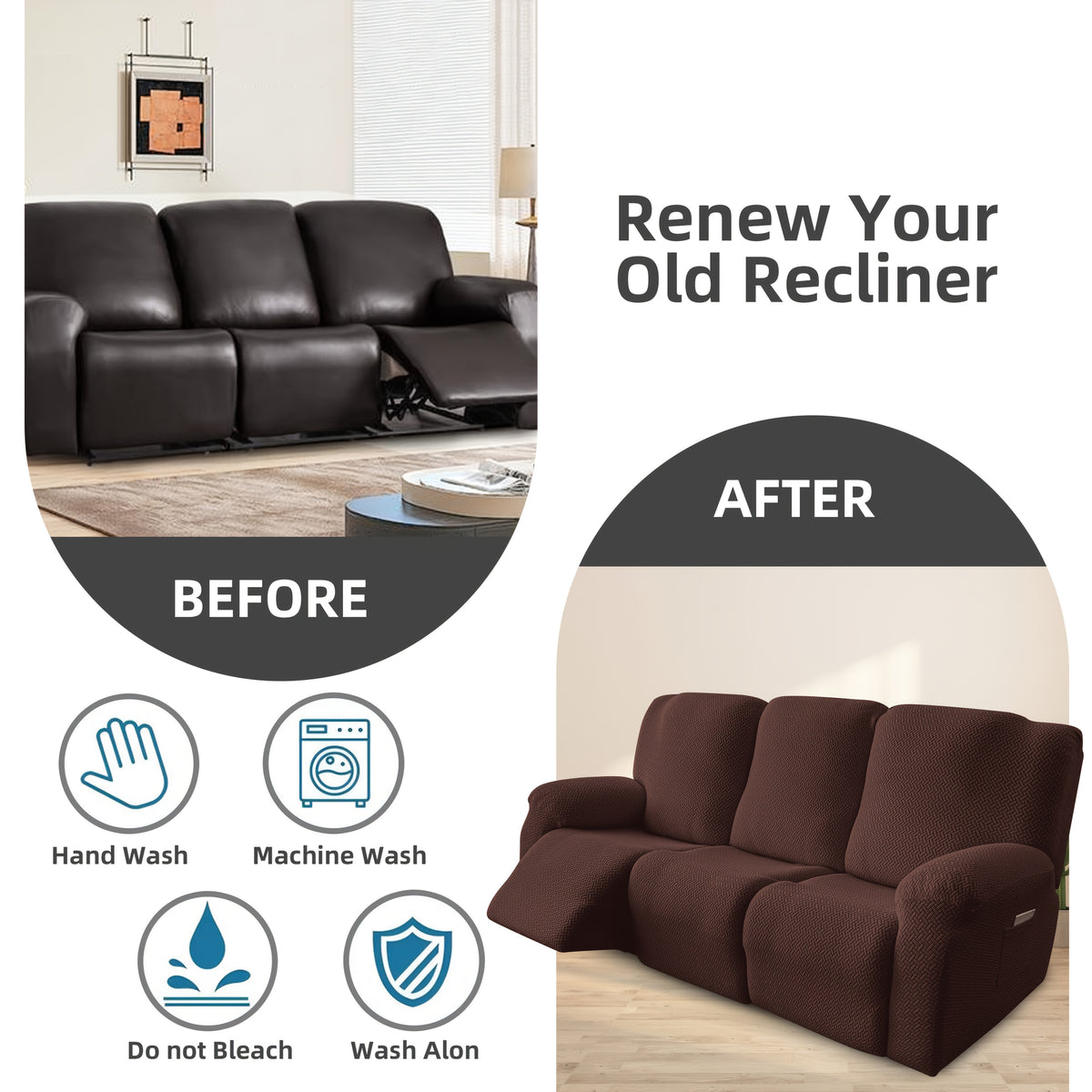 3-Seater Recliner Cover - Plush High Stretch Wear-Resistant Machine Washable Easy Clean Sofa Protector for Living Room and Bedroom