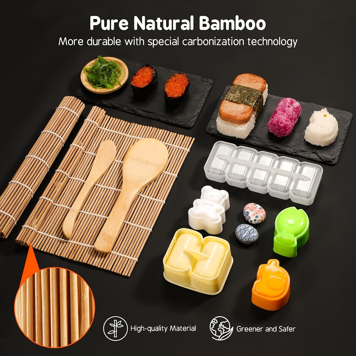 Sushi Making Kit for Beginners with Bamboo Rolling Mats, Sushi Bazooka, Onigiri Mold, Rice Paddle & Chopsticks - Complete DIY Sushi Roll Maker Set, Fun Kitchen Gift