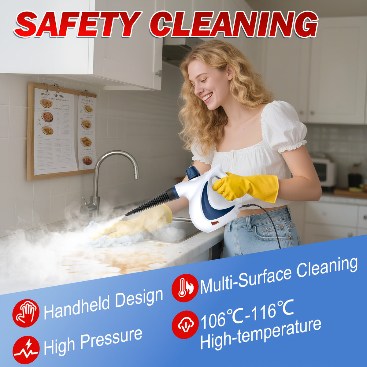Steam Cleaner 350kPa 9-Piece Kit - Pressurized Handheld, 15s Fast Heat, 11.83oz Tank for Floors, Upholstery, Car Seats, Grout, Kitchen & Bathroom | Continuous Steam